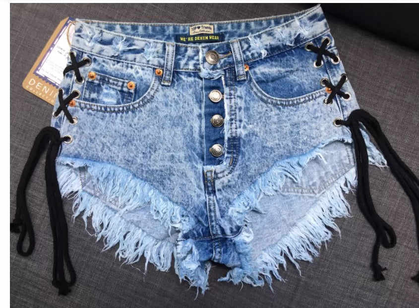 High Waist Tassel Double-Sided Denim Shorts