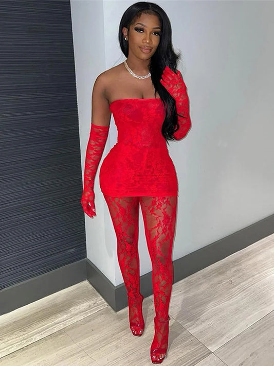 Sexy Lace Women 2Piece Set Tube Dress+See Through Stockings