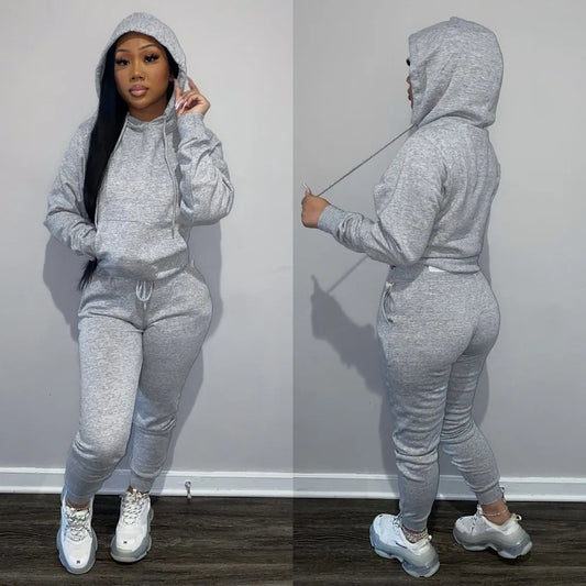 Winter Solid Hooded Two Piece  Long Sleeve Sweatshirts And Jogger Set